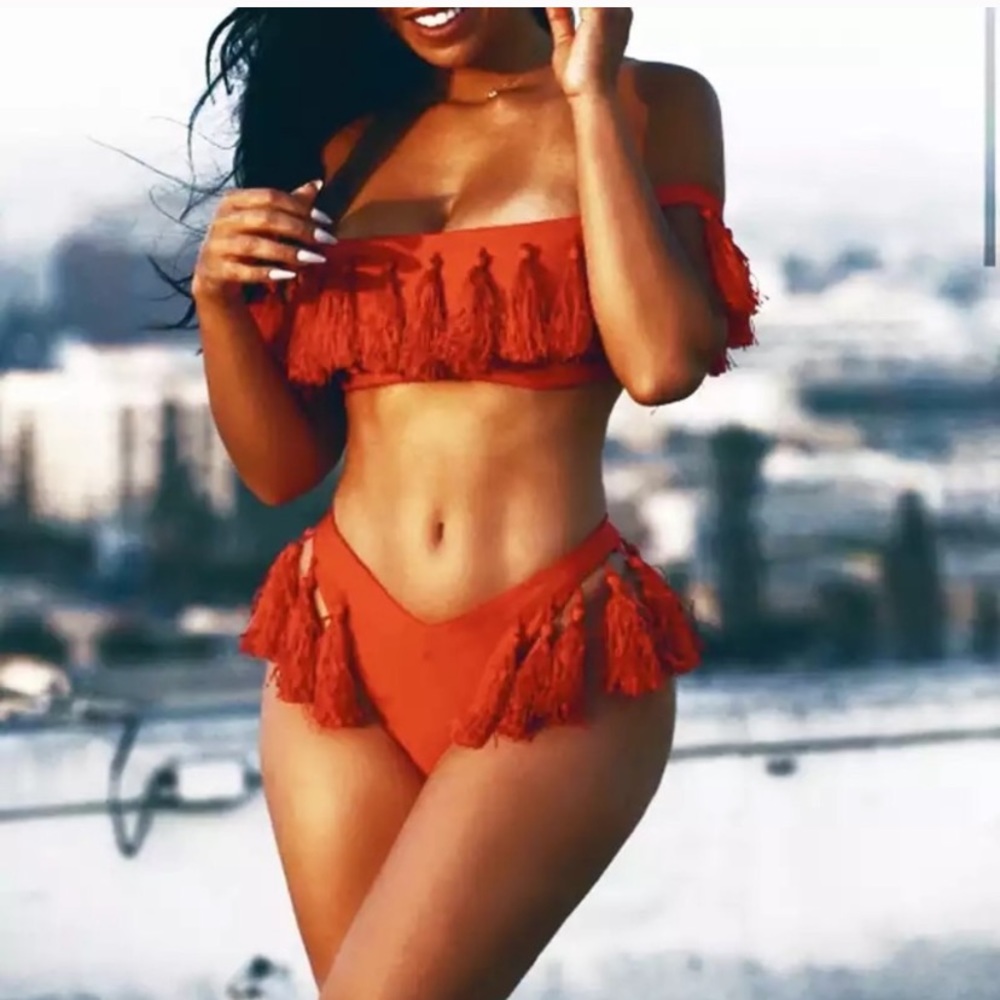 Orange off the shoulder tassel bikini top